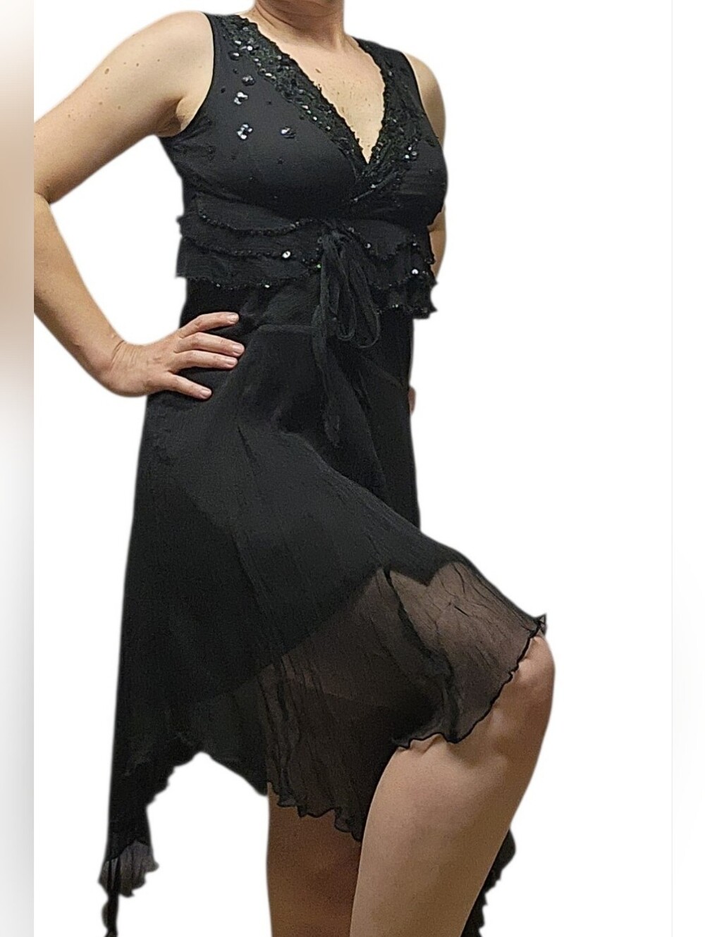 👗 Black Sequin Tiered Handkerchief Hem Dress